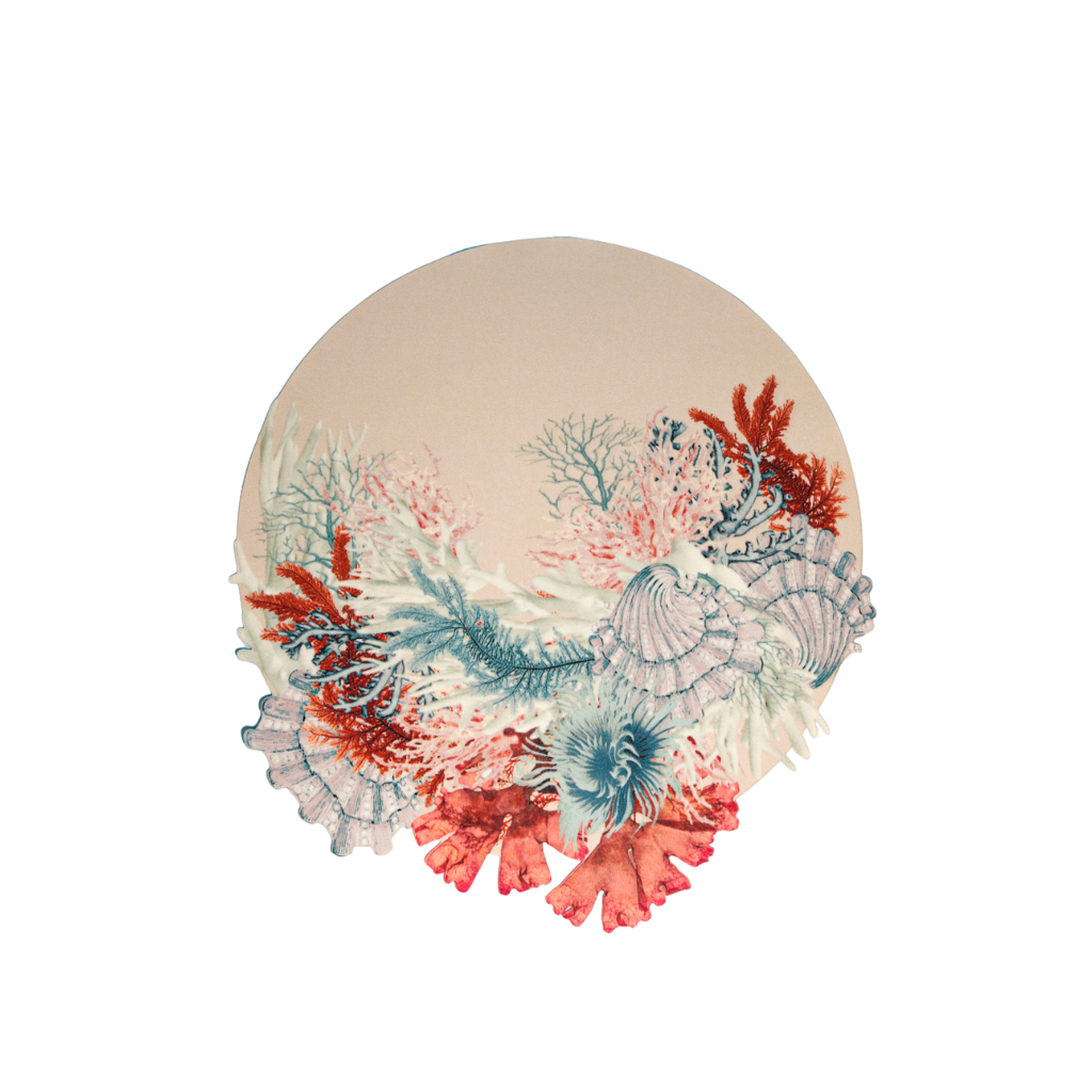 JOGO AMERICANO REDONDO DE TECIDO IMPERMEÁVEL - ESTAMPA CORAL LISO MAR