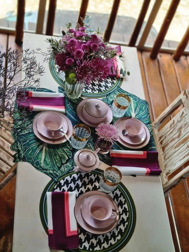 JOGO AMERICANO REDONDO DE TECIDO IMPERMEÁVEL - ESTAMPA PIED DE POULE VERDE