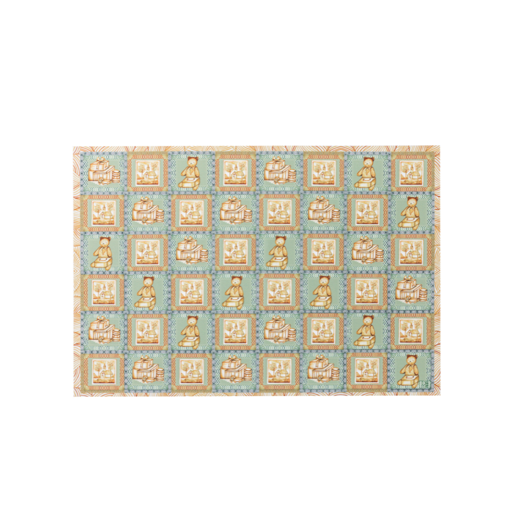 JOGO AMERICANO RETANGULAR DE TECIDO IMPERMEÁVEL - ESTAMPA URSINHOS LIBERTY NATALINO DOURADO CUENTO