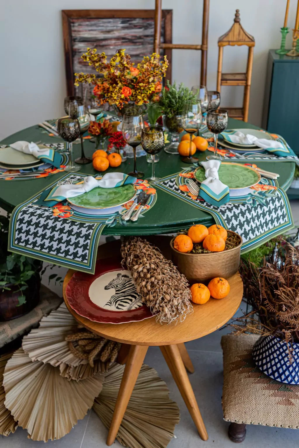JOGO AMERICANO RETANGULAR DE TECIDO IMPERMEÁVEL - ESTAMPA PIED DE POULE VERDE