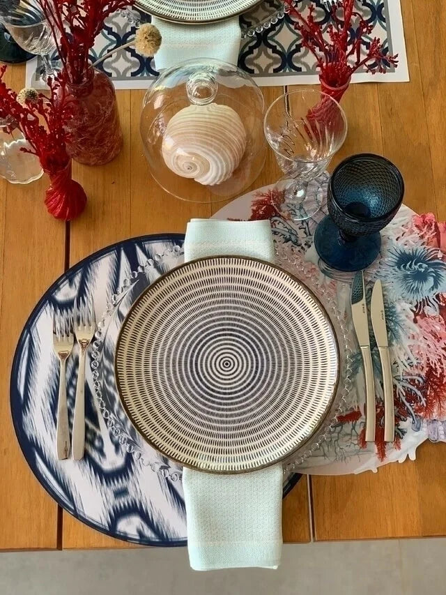 JOGO AMERICANO REDONDO DE TECIDO IMPERMEÁVEL - ESTAMPA CORAL LISO MAR