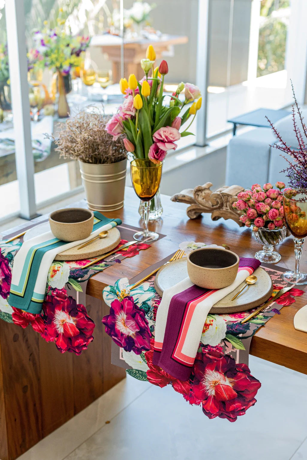 JOGO AMERICANO RETANGULAR DE TECIDO IMPERMEÁVEL - ESTAMPA PIED DE POULE ROSA