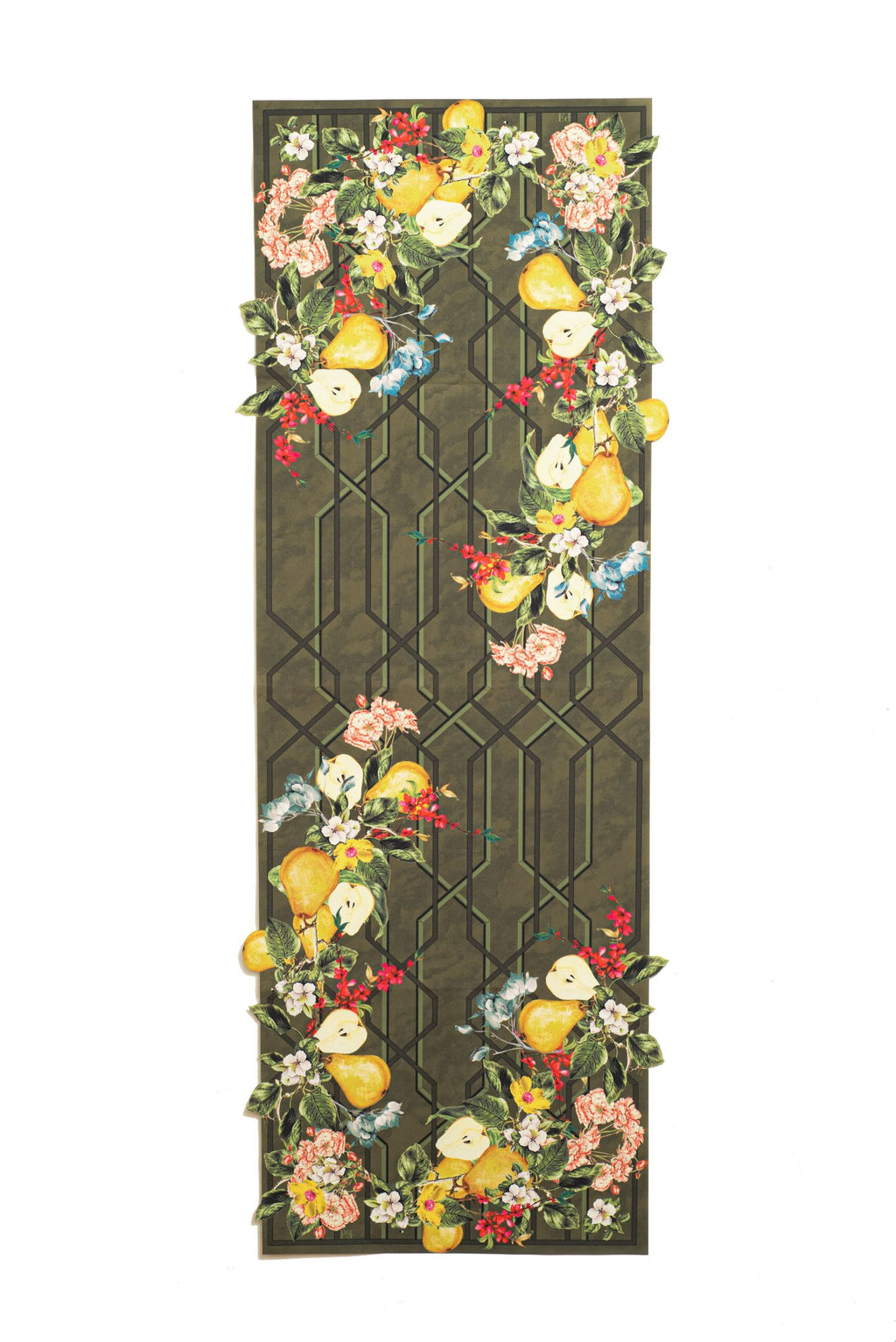 CAMINHO DE MESA VERDE DE TECIDO IMPERMEÁVEL - ESTAMPA GRADEADO FOLHAGENS FAMÍLIA EL BOSQUE