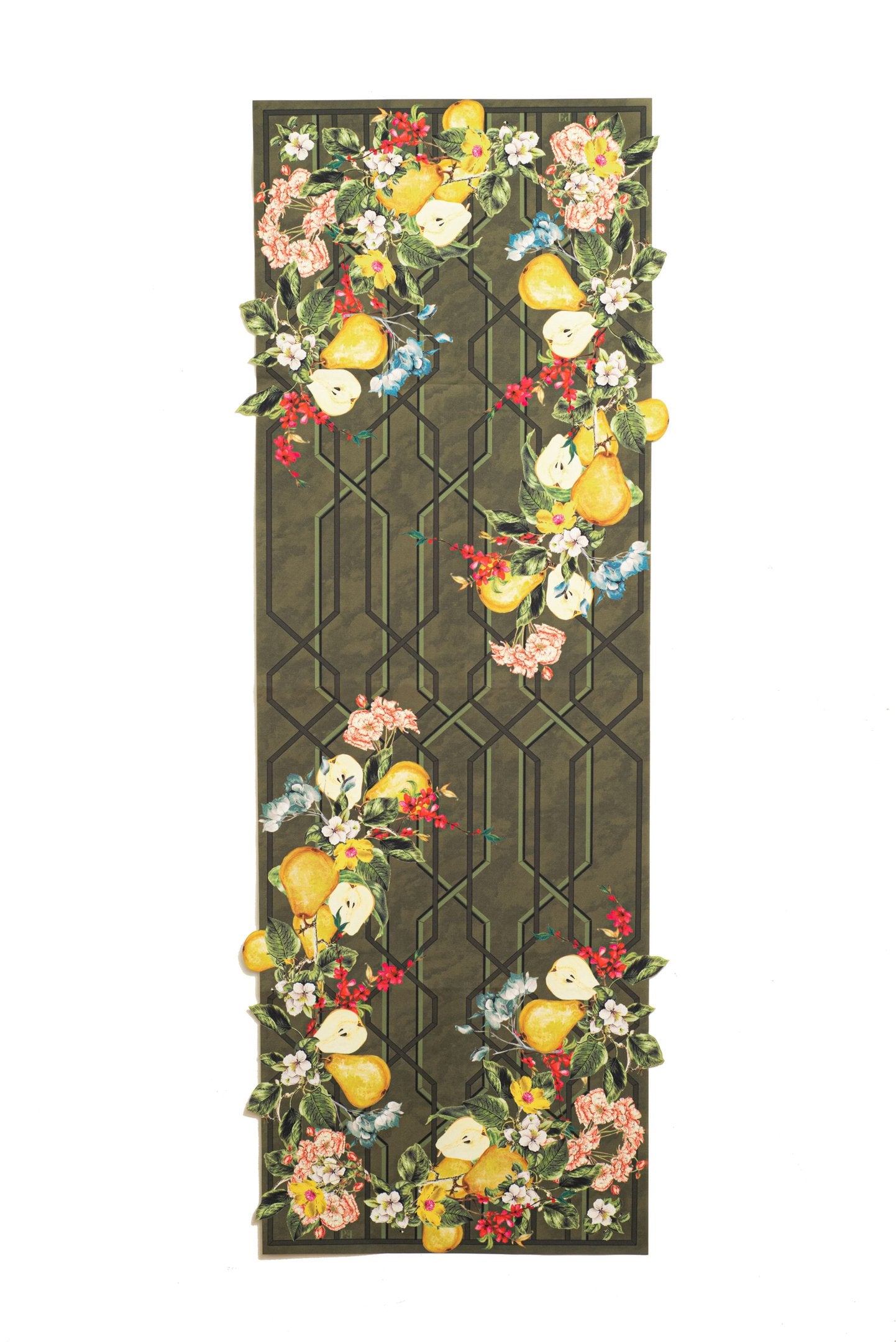 CAMINHO DE MESA VERDE DE TECIDO IMPERMEÁVEL - ESTAMPA GRADEADO FOLHAGENS FAMÍLIA EL BOSQUE