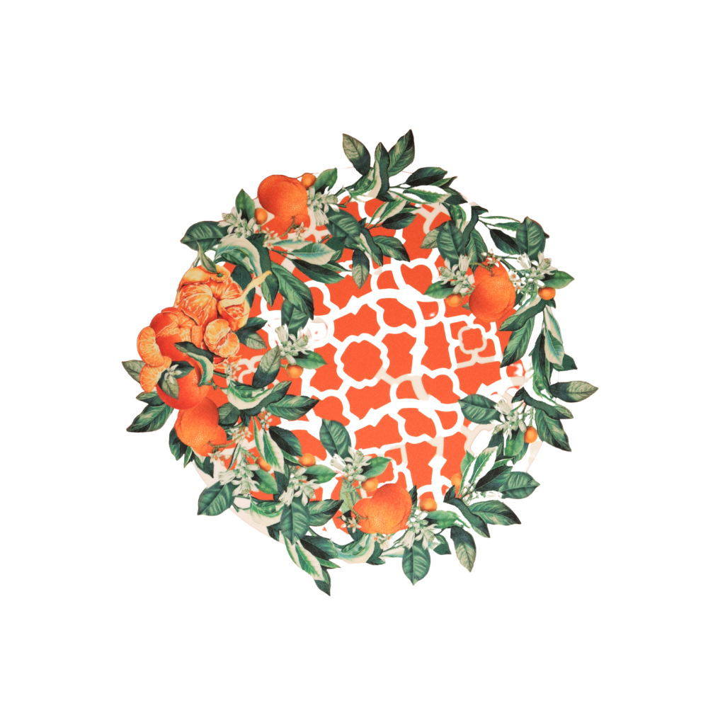 JOGO AMERICANO REDONDO DE TECIDO IMPERMEÁVEL - ESTAMPA MARROQUINA COM MANDARINA