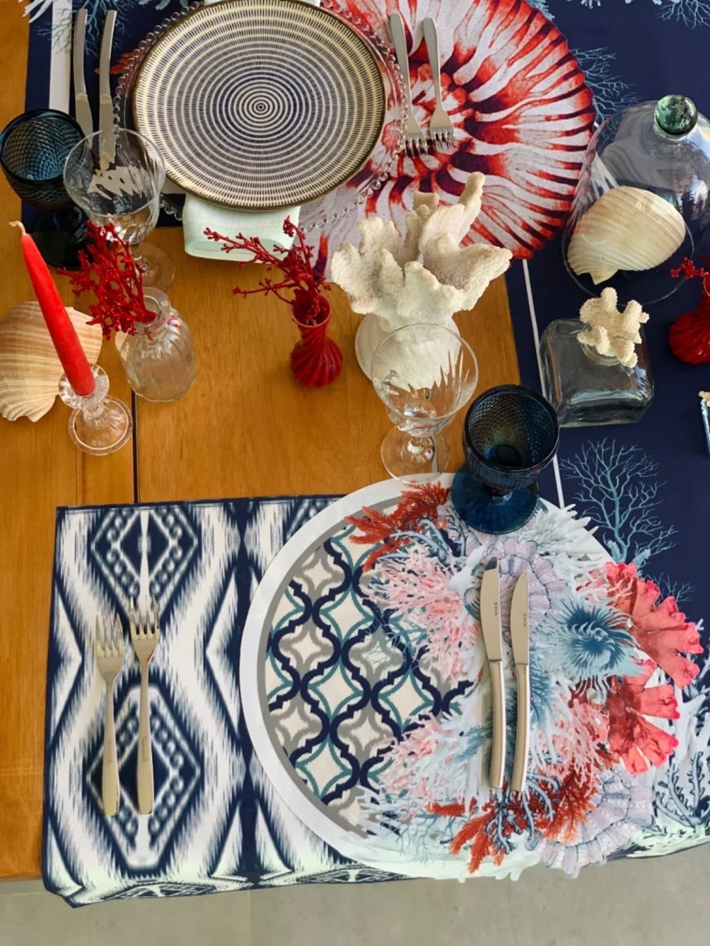 JOGO AMERICANO REDONDO DE TECIDO IMPERMEÁVEL - ESTAMPA MARROQUINA MAR