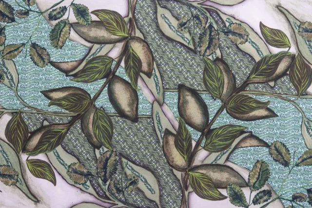 CAMINHO DE MESA VERDE DE TECIDO IMPERMEÁVEL - ESTAMPA FOLHAGENS FAMÍLIA EL CAMPO