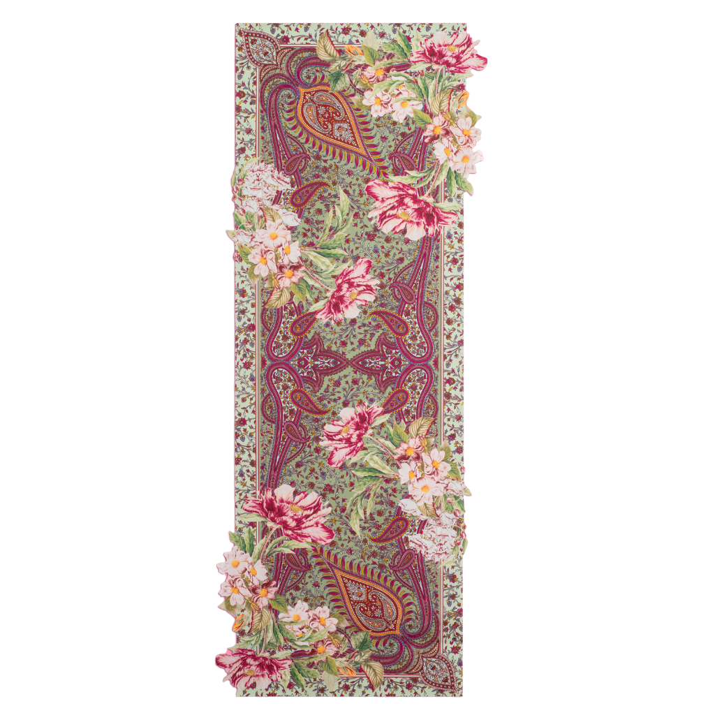 CAMINHO DE MESA VERDE MENTA DE TECIDO IMPERMEÁVEL - ESTAMPA CASHMERE FAMÍLIA EL JARDÍN DE PALOMA