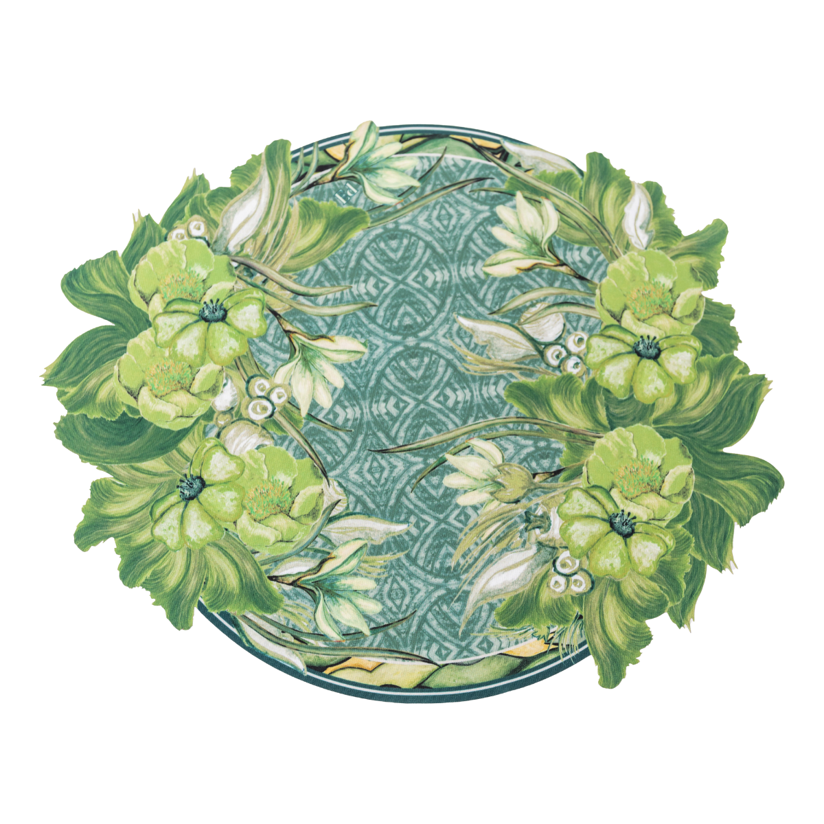 JOGO AMERICANO REDONDO DE TECIDO IMPERMEÁVEL - ESTAMPA FLORAL GEOMÉTRICO VERDE 