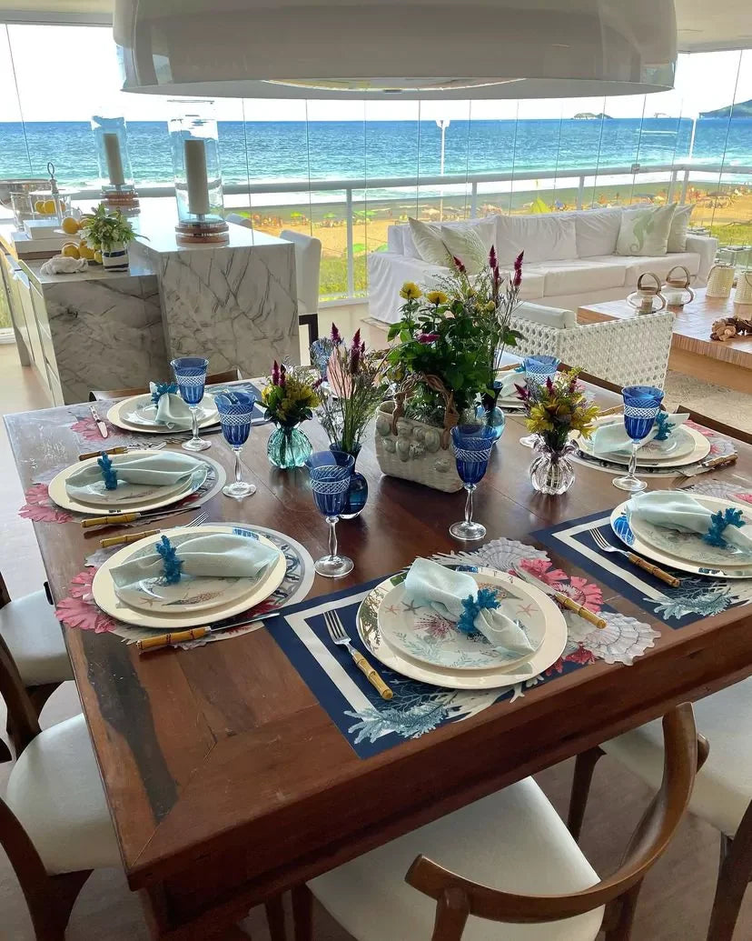 JOGO AMERICANO REDONDO DE TECIDO IMPERMEÁVEL - ESTAMPA MARROQUINA MAR