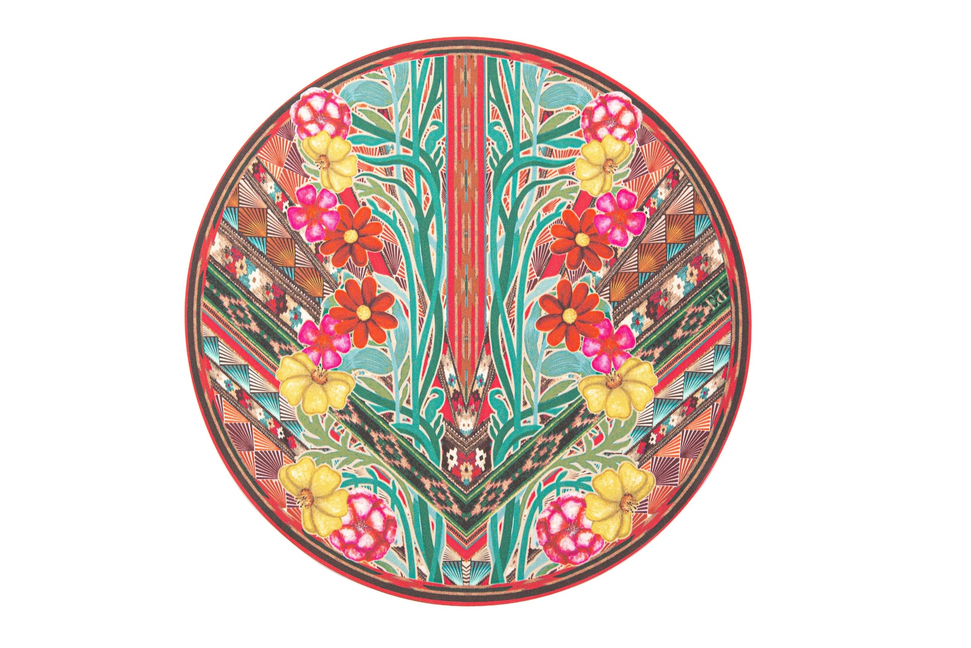 JOGO AMERICANO REDONDO DE TECIDO IMPERMEÁVEL - ESTAMPA FLORAL VERMELHA