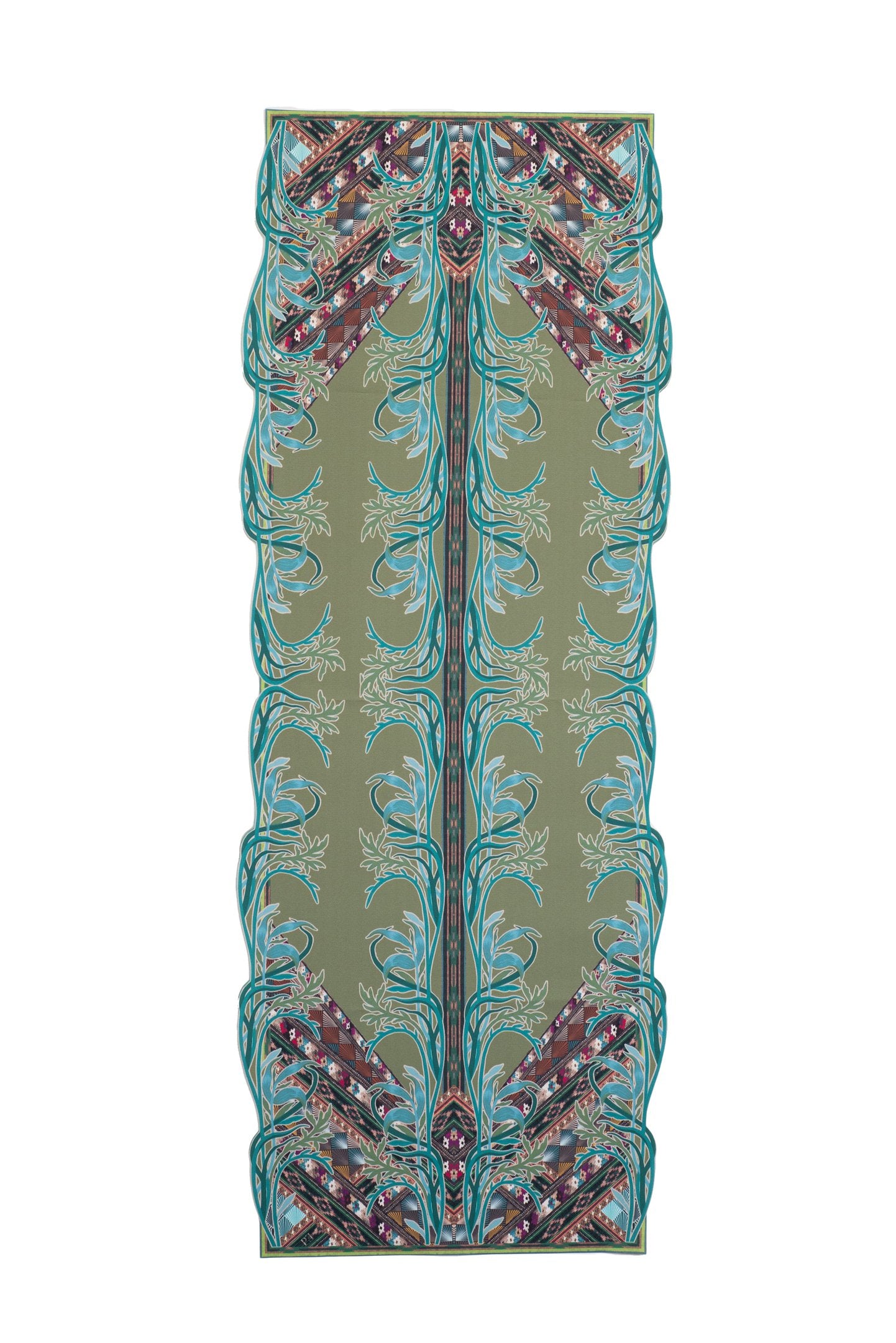 CAMINHO DE MESA VERDE DE TECIDO IMPERMEÁVEL - ESTAMPA FAMÍLIA LA FUENTE