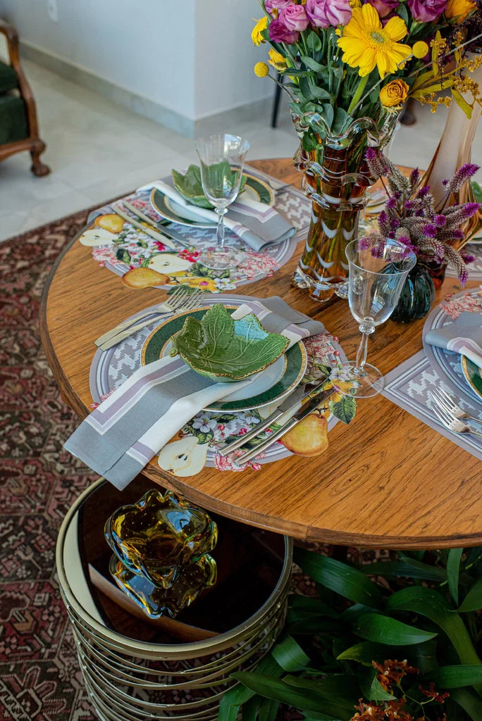 JOGO AMERICANO REDONDO DE TECIDO IMPERMEÁVEL - ESTAMPA PIED DE POULE CINZA