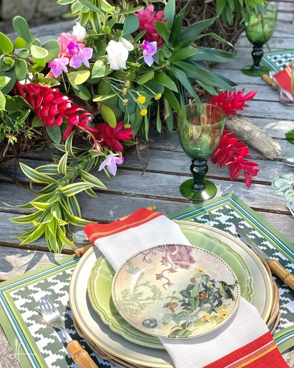 JOGO AMERICANO RETANGULAR DE TECIDO IMPERMEÁVEL - ESTAMPA PIED DE POULE VERDE