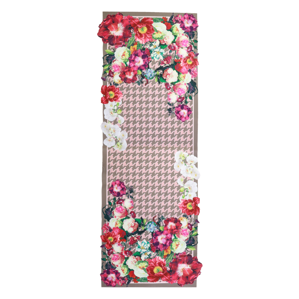 CAMINHO DE MESA ROSA DE TECIDO IMPERMEÁVEL - ESTAMPA PIED DE POULE FAMÍLIA LA VIDA