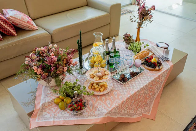 MANTEL ALMA - ESTAMPA PADRONAGENS IKAT E PIED DE POULE ROSA