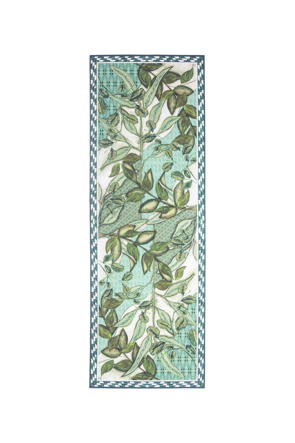 CAMINHO DE MESA VERDE DE TECIDO IMPERMEÁVEL - ESTAMPA FOLHAGENS FAMÍLIA EL CAMPO