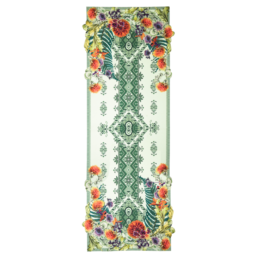 CAMINHO DE MESA VERDE DE TECIDO IMPERMEÁVEL - ESTAMPA PONTO CRUZ FAMÍLIA LA GLORIA