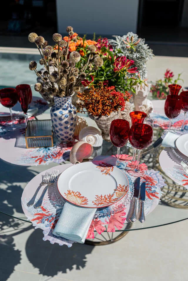 JOGO AMERICANO REDONDO DE TECIDO IMPERMEÁVEL - ESTAMPA CORAL LISO MAR