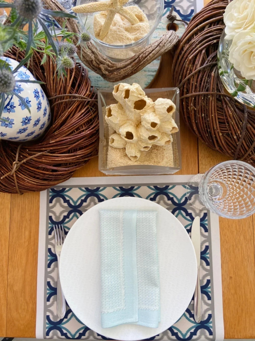 JOGO AMERICANO RETANGULAR DE TECIDO IMPERMEÁVEL - ESTAMPA MARROQUINA MAR