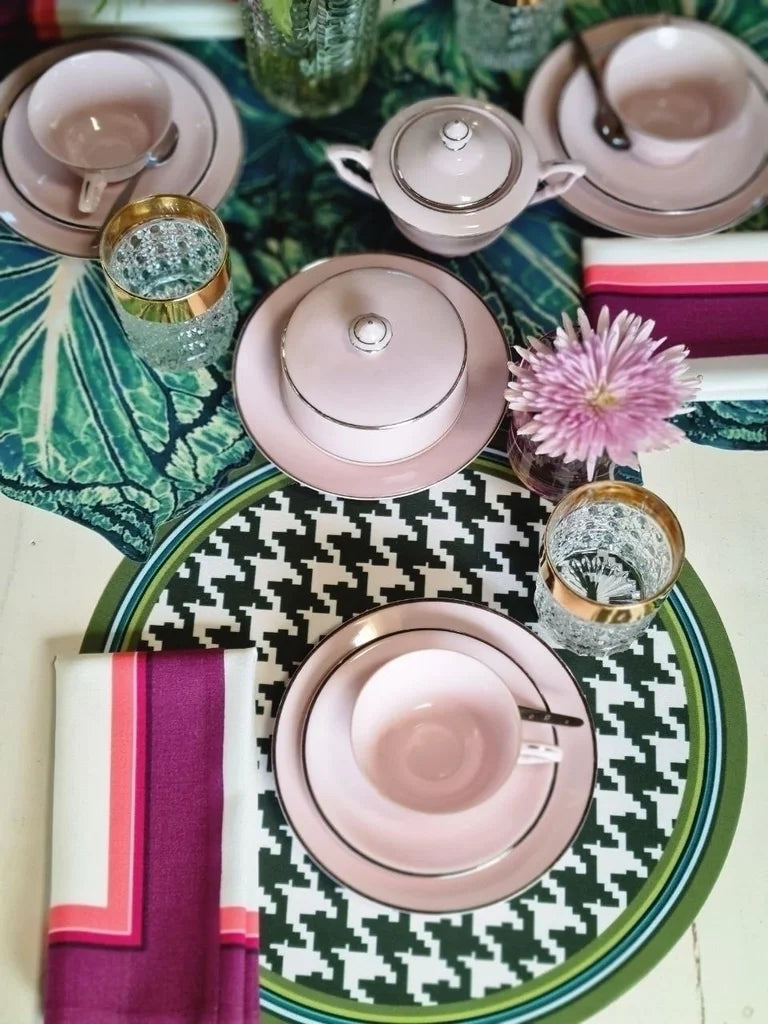 JOGO AMERICANO REDONDO DE TECIDO IMPERMEÁVEL - ESTAMPA PIED DE POULE VERDE