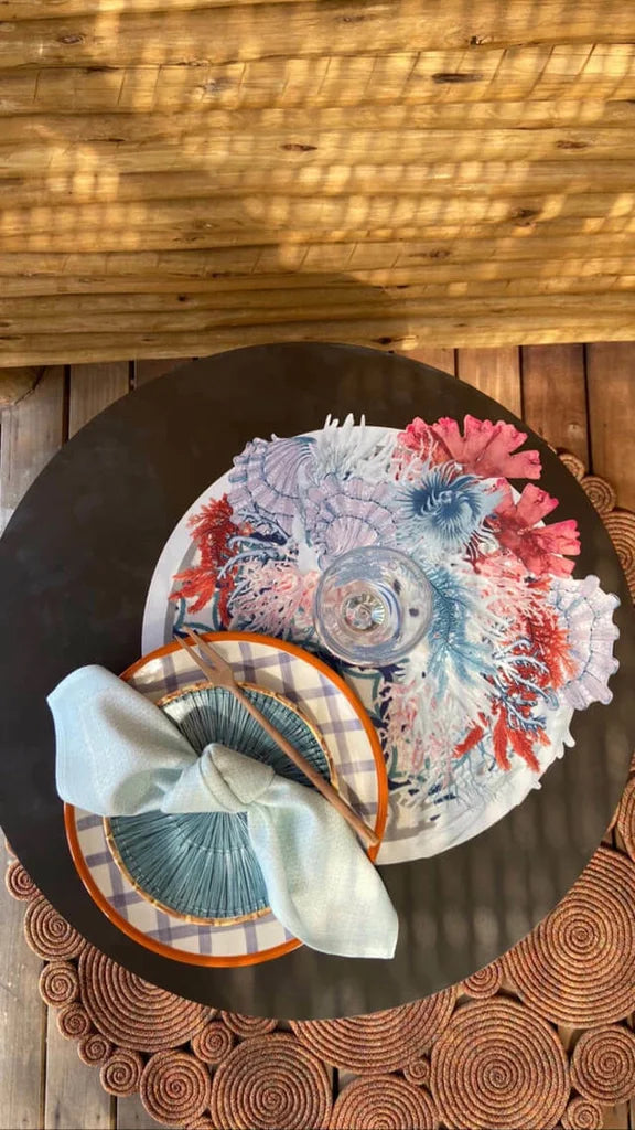 JOGO AMERICANO REDONDO DE TECIDO IMPERMEÁVEL - ESTAMPA MARROQUINA MAR