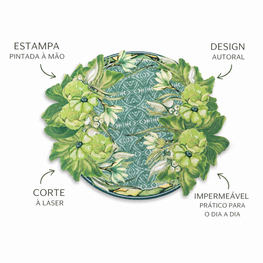 JOGO AMERICANO REDONDO DE TECIDO IMPERMEÁVEL - ESTAMPA FLORAL GEOMÉTRICO VERDE