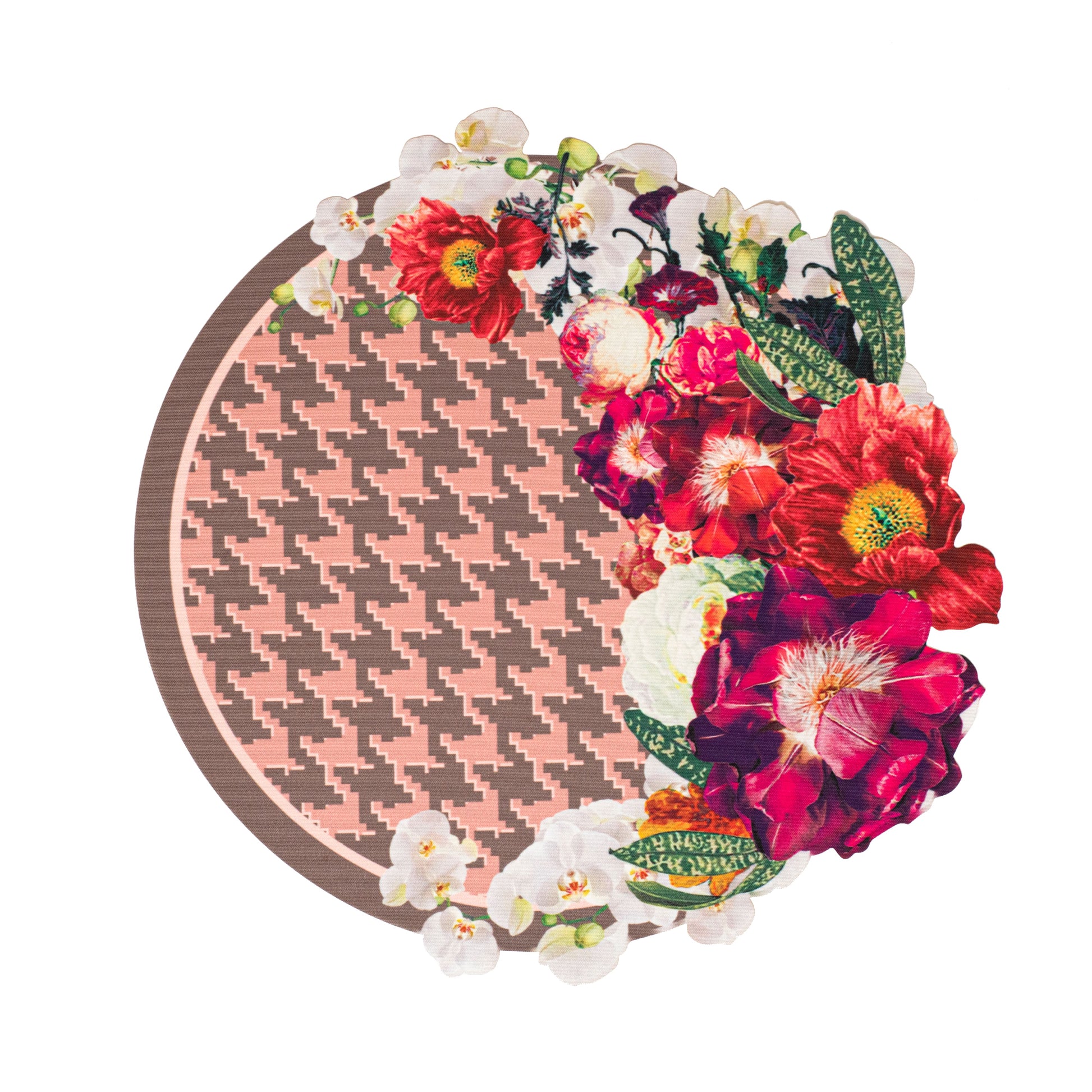 JOGO AMERICANO REDONDO DE TECIDO IMPERMEÁVEL - ESTAMPA PIED DE POULE ROSA